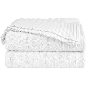 Cotton Blanket Decorative Cable Knitted Throw Blanket, 50"x60" White